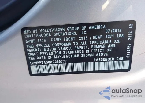 2013 Volkswagen Passat 2.5L Se из США, поврежденный, VIN 1VWBP7A38DC009777